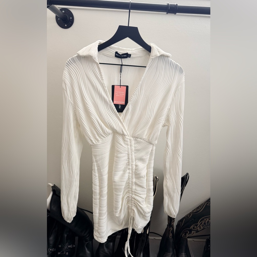 PRETTYLITTLETHING White Crinkle Ruched skirt shirt dress